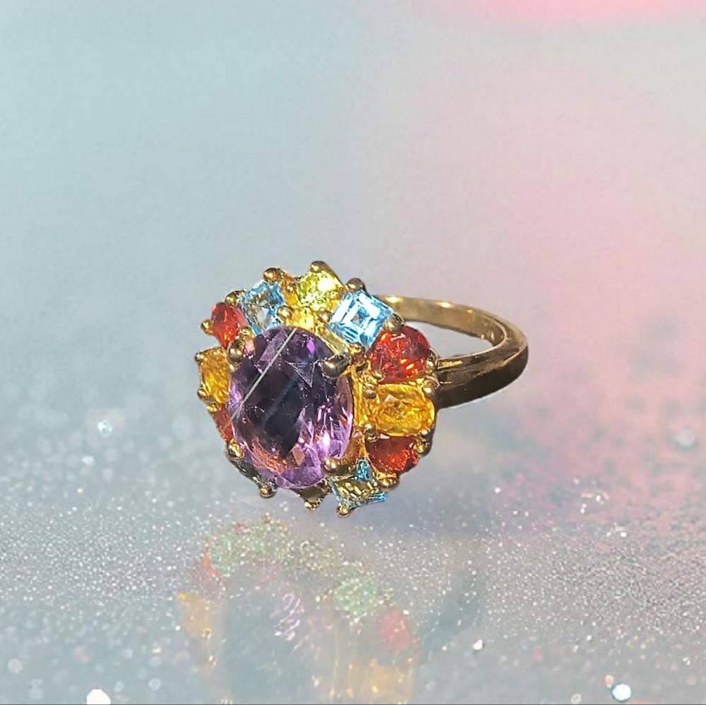 Multi Gemstone 18K Gold Over Sterling Silver Halo Ring